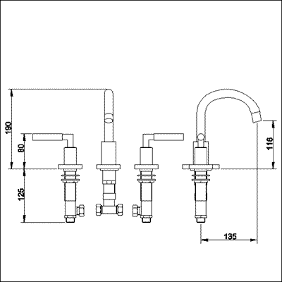 Technical image of Ultra Helix Lever 3 Tap hole basin mixer with small spout and pop up waste.