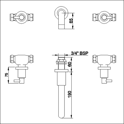 Technical image of Ultra Horizon 3 Tap hole wall mounted bath filler with small spout.