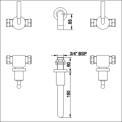 Technical image of Ultra Helix Lever 3 Tap hole wall mounted bath filler with small spout.