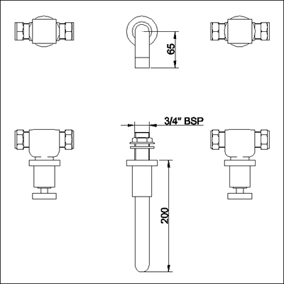 Technical image of Ultra Milo 3 Tap hole wall mounted bath filler with small spout.