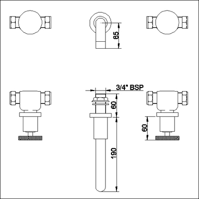 Technical image of Ultra Reno 3 Tap hole wall mounted bath filler with small spout.