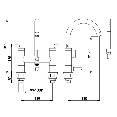 Technical image of Ultra Horizon Bath shower mixer small swivel spout and shower kit.