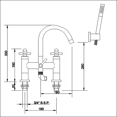 Technical image of Ultra Scope Bath shower mixer small swivel spout and shower kit.