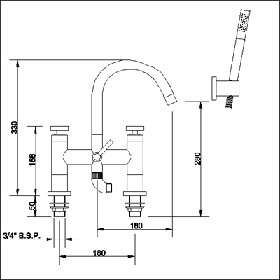 Technical image of Ultra Milo Bath shower mixer small swivel spout and shower kit.