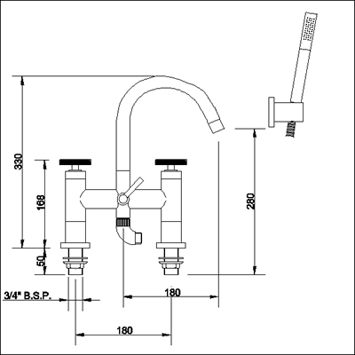 Technical image of Ultra Reno Bath shower mixer small swivel spout and shower kit.