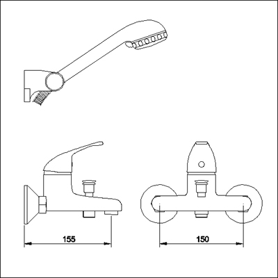 Technical image of Nuie Eon Wall mounted bath shower mixer with shower handset and hose.