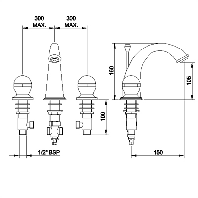 Technical image of Jupiter Luxury 3 tap hole basin mixer with free pop up waste.