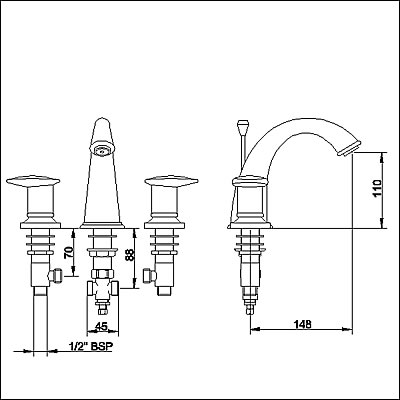 Technical image of Ultra Ella Luxury 3 tap hole basin mixer with free pop up waste.