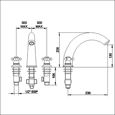 Technical image of Monet Luxury 3 tap hole bath mixer tap.