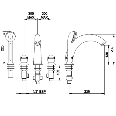 Technical image of Ultra Contour Luxury 4 tap hole bath shower mixer tap.