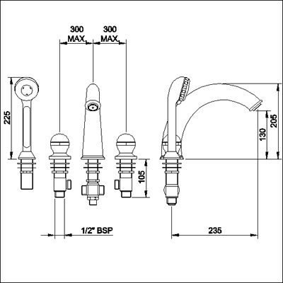 Technical image of Jupiter Luxury 4 tap hole bath shower mixer tap.