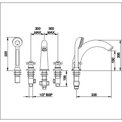 Technical image of Monet Luxury 4 tap hole bath shower mixer tap.