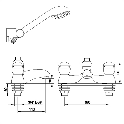 Technical image of Ultra Contour 3/4" Bath shower mixer (chrome/gold, ceramic valves)