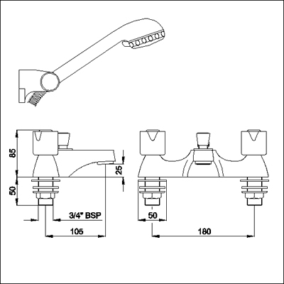 Technical image of Ultra Exact Bath shower mixer tap with shower kit (ceramic valves).