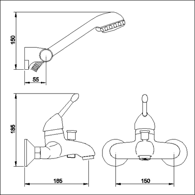 Technical image of Ultra Pacific Single lever Wall Mounted Bath Shower Mixer including kit.