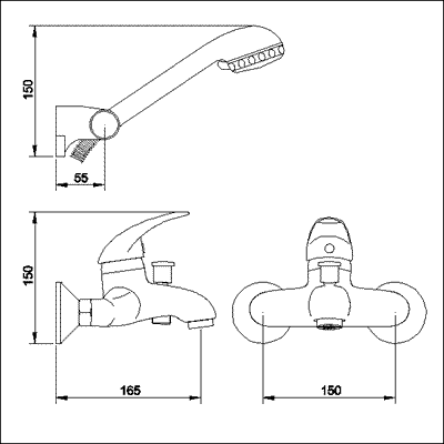 Technical image of Athena Single lever Wall Mounted Bath Shower Mixer including kit.