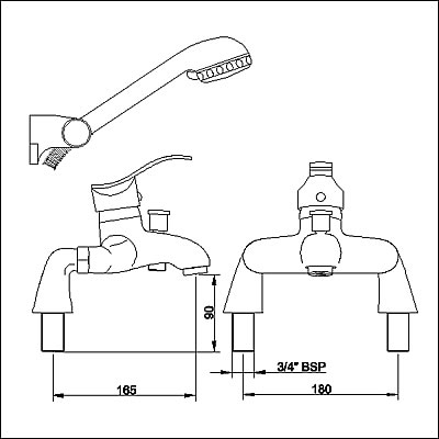 Technical image of Ultra Crest Single lever bath shower mixer with shower kit