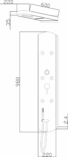 Technical image of Hudson Reed Dream Shower Recessed Shower Panel With Waterfall Head.