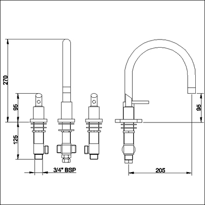 Technical image of Ultra Scene 3 Tap hole bath filler with swivel spout.