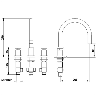 Technical image of Ultra Milo 3 Tap hole bath filler with swivel spout.