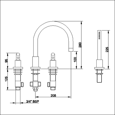 Technical image of Ultra Scene 4 Tap hole bath shower mixer with swivel spout.