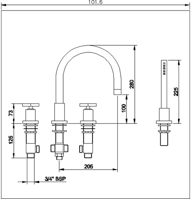 Technical image of Ultra Isla 4 Tap hole bath shower mixer with swivel spout.