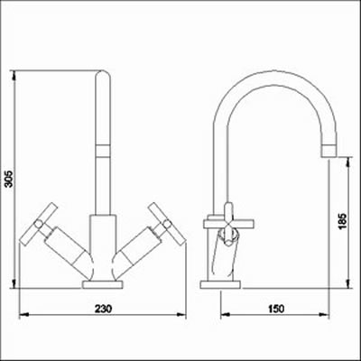 Technical image of Ultra Aspect Mono basin mixer with swivel spout and pop up waste.