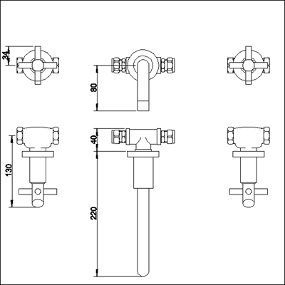 Technical image of Ultra Scope 3 Tap hole wall mounted basin mixer.