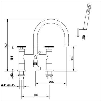 Technical image of Ultra Reno Bath shower mixer with swivel spout and shower kit.