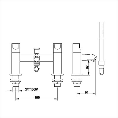 Technical image of Ultra Orion Bath shower mixer tap including kit.