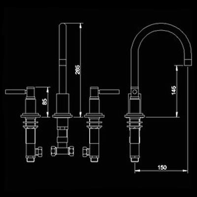 Technical image of Hudson Reed Tec Lever 3 Tap Hole Basin Mixer + Pop Up Waste