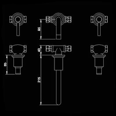 Technical image of Hudson Reed Tec Lever 3 Tap Hole Wall Mounted Basin Mixer