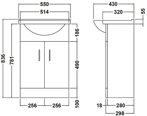 Technical image of Nuie Furniture Floor Standing Vanity Unit 550mm (2TH, White).