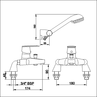 Technical image of Ultra Surf Single lever deck mounted bath shower mixer.