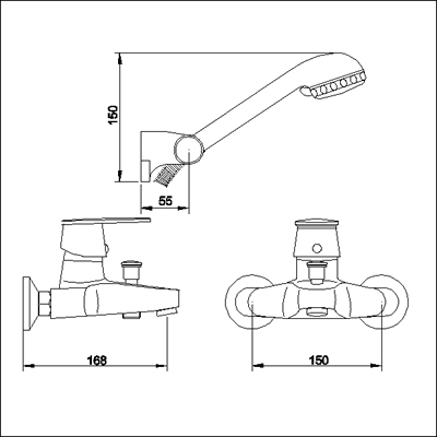 Technical image of Ultra Surf Single lever wall mounted bath shower mixer.