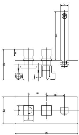 Technical image of Ultra Prospa Thermostatic Wall Mounted Basin & Bath Tap Pack.