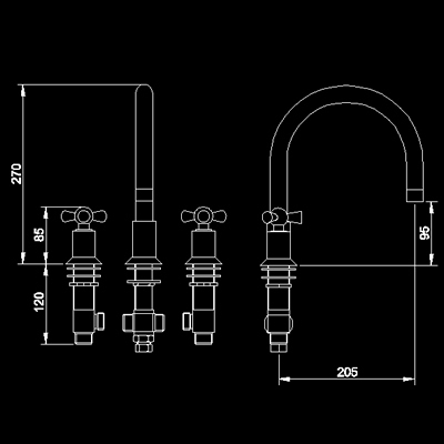 Technical image of Hudson Reed Milan 3 Tap hole bath mixer with swivel spout