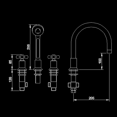 Technical image of Hudson Reed Milan 4 Tap hole bath shower mixer with swivel spout