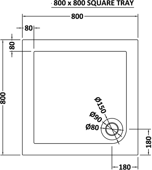 Technical image of Ultra Pearlstone Low Profile Square Shower Tray. 800x800x45mm.