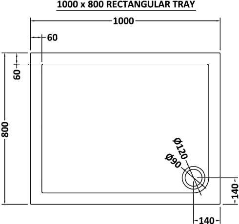 Technical image of Ultra Pearlstone Low Profile Rectangular Shower Tray. 1000x800x40mm.
