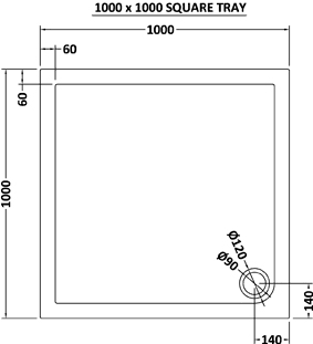 Technical image of Ultra Pearlstone Low Profile Square Shower Tray. 1000x1000x40mm.