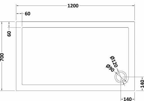 Technical image of Hudson Reed Pearlstone Trays Low Profile Shower Tray. 1200x700x40mm.