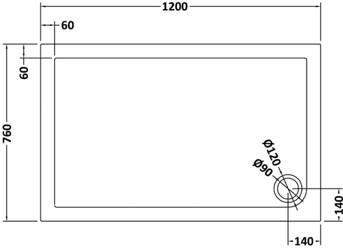 Technical image of Hudson Reed Pearlstone Trays Low Profile Shower Tray. 1200x760x45mm.