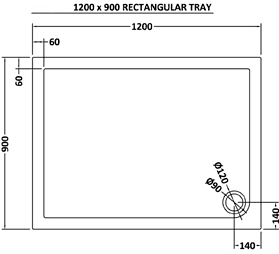 Technical image of Ultra Pearlstone Low Profile Rectangular Shower Tray. 1200x900x40mm.