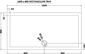 Technical image of Ultra Pearlstone Low Profile Rectangular Shower Tray. 1600x800x40mm.