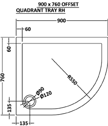 Technical image of Ultra Pearlstone Low Pro Offset Quad Shower Tray. 900x760x40. Right Handed.