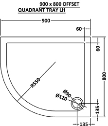 Technical image of Ultra Pearlstone Low Pro Offset Quad Shower Tray. 900x800x40. Left Handed.