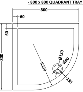 Technical image of Ultra Pearlstone Low Profile Quadrant Shower Tray. 800x800x40mm.