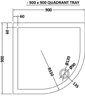 Technical image of Ultra Pearlstone Easy Plumb Quadrant Shower Tray. 900x900x40mm.