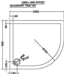 Technical image of Ultra Pearlstone Low Pro Offset Quad Shower Tray. 1000x900x40. Right Hand.